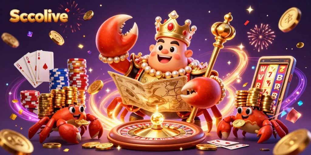 Socolive combines a golden crab emperor, treasure maps, and vibrant casino elements for an exciting gaming adventure.