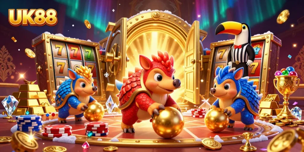 UK88 pangolins competing in a casino scene, showcasing vibrant gameplay elements and rich visuals.