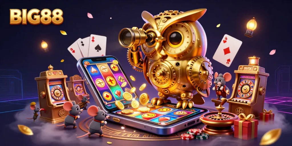 Engage with BIG88's fun slots scene featuring a golden owl and playful mouse patrons.