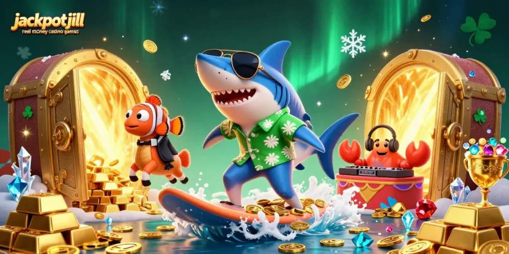 Experience jackpotjill real money casino games with a vibrant, dynamic 3D illustration of colorful characters and casino elements.