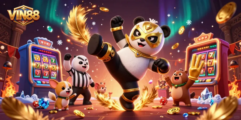 Experience the excitement of VIN88 with a vibrant scene of animated casino action featuring a wrestler panda.
