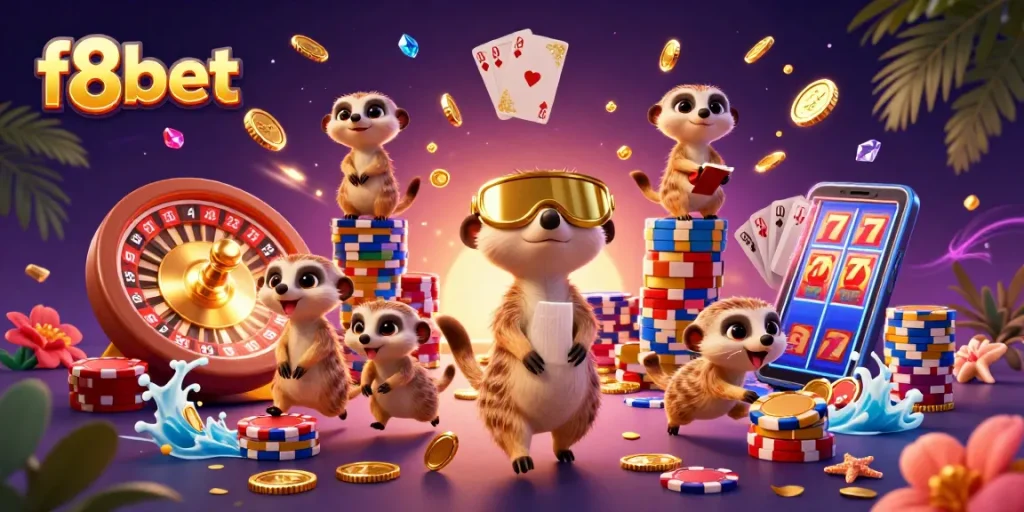Engage in thrilling gameplay at f8bet with meerkats operating an elaborate casino, surrounded by sparkling gems and gold coins.