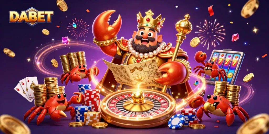 DABET showcases a vibrant casino scene with a golden crab emperor amidst colorful chips and roulette effects.